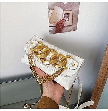 Crocodile Linked Chain Accent Flap Cross-Body