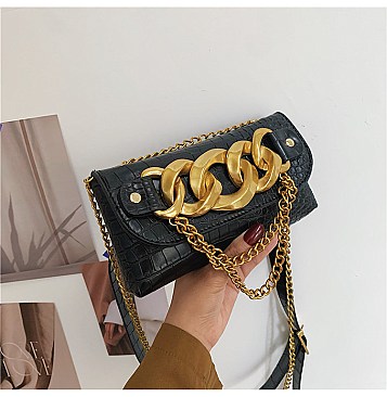 Crocodile Linked Chain Accent Flap Cross-Body