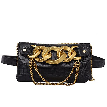 Crocodile Linked Chain Accent Flap Cross-Body