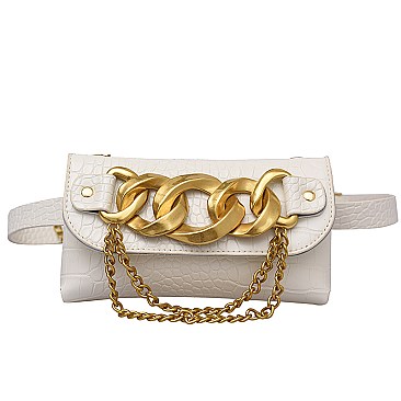 Crocodile Linked Chain Accent Flap Cross-Body