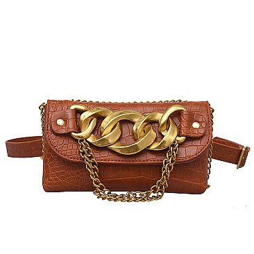 Crocodile Linked Chain Accent Flap Cross-Body