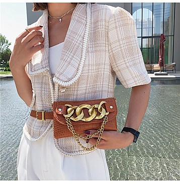 Crocodile Linked Chain Accent Flap Cross-Body