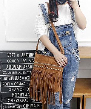 Studded Fringed Cross Body Bag