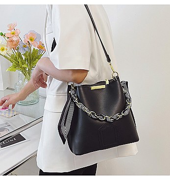 Scarfed / Chain Accented Bucket Shoulder Bag