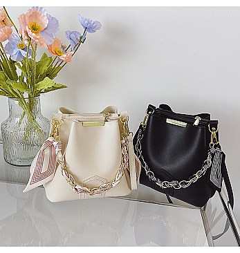 Scarfed / Chain Accented Bucket Shoulder Bag