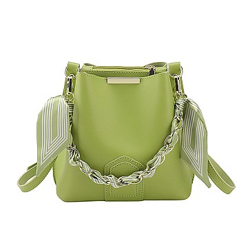 Scarfed / Chain Accented Bucket Shoulder Bag