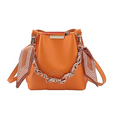 Scarfed / Chain Accented Bucket Shoulder Bag