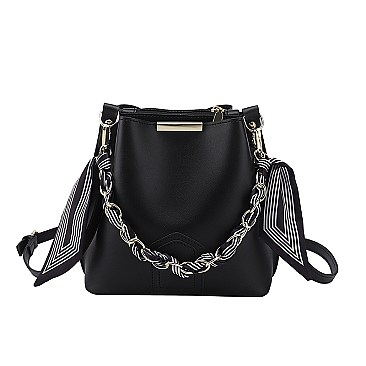 Scarfed / Chain Accented Bucket Shoulder Bag