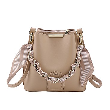 Scarfed / Chain Accented Bucket Shoulder Bag