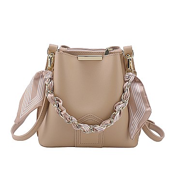 Scarfed / Chain Accented Bucket Shoulder Bag