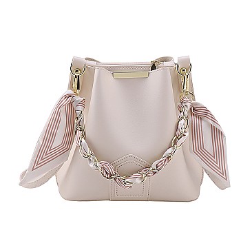Scarfed / Chain Accented Bucket Shoulder Bag