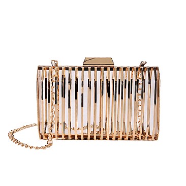 Vertically-lined All Metal Frame Clutch Bag