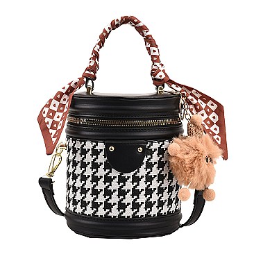 Scarfed & Key Chain Accented Bucket Bag