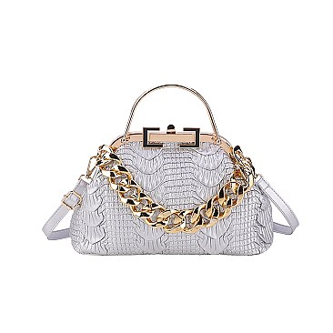 3D & Chain Accent Croc Metal Handle / Satchel