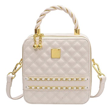 Boxy Shape Quilted Accent Satchel / Shoulder Bag