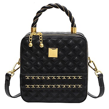 Boxy Shape Quilted Accent Satchel / Shoulder Bag