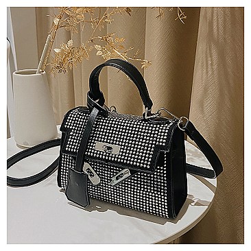 Stone-Studs Padlock Flap Satchel Bag