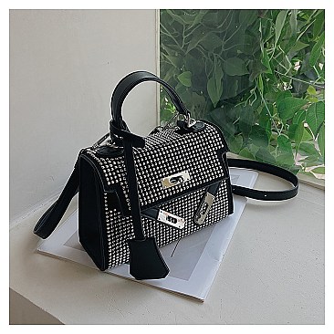 Stone-Studs Padlock Flap Satchel Bag