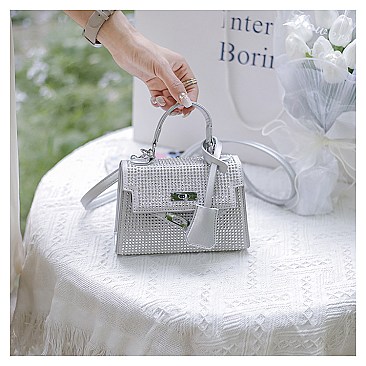 Stone-Studs Padlock Flap Satchel Bag