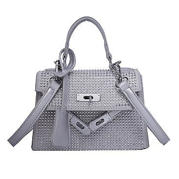 Stone-Studs Padlock Flap Satchel Bag