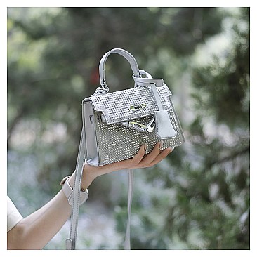 Stone-Studs Padlock Flap Satchel Bag