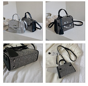 Stone-Studs Padlock Flap Satchel Bag