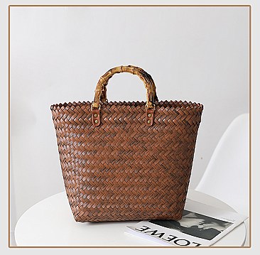 Bamboo Handle Designer Natural Straw Shopper