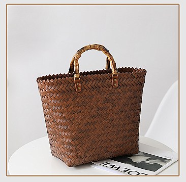 Bamboo Handle Designer Natural Straw Shopper