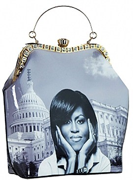 Obama Magazine Print - Fashion Magazine Print Faux Patent Leather Handbag With Gold Embellishment...