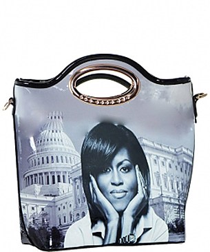 Obama Magazine Print - Fashion Magazine Print Faux Patent Leather Handbag With Gold Embellishment...