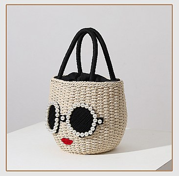 Pearl Glasses Icon Straw Bucket Bag