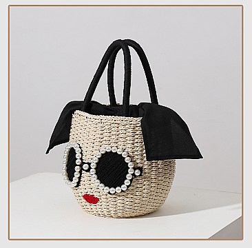 Pearl Glasses Icon Straw Bucket Bag