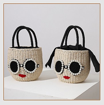 Pearl Glasses Icon Straw Bucket Bag