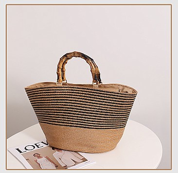 Bamboo Handle Straw Shopper Tote