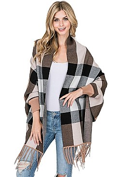 FANCY PLAID PATTERN TASSEL PONCHO