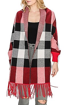 FANCY PLAID PATTERN TASSEL PONCHO