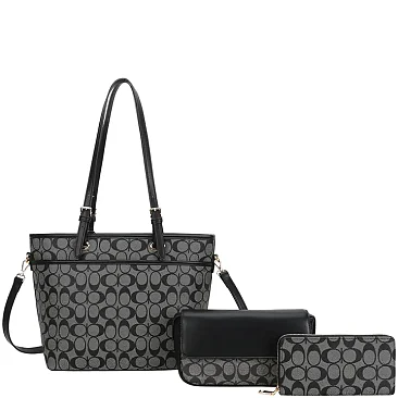 black 3-in-1 Oval Monogram Handbag / Crossbody Wallet Set