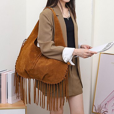 Suede Fringe Hobo Shoulder Bag