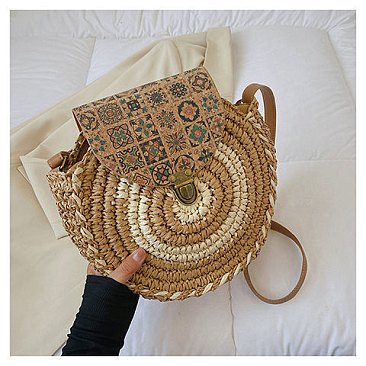 Circled Pattern Straw Round Crossbody Bag