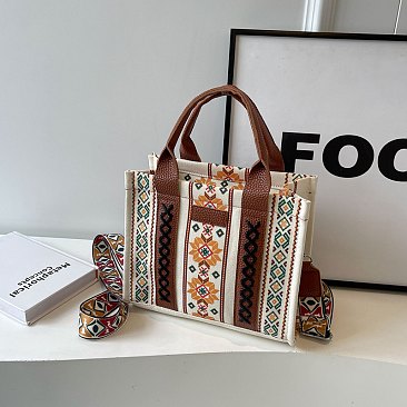 Aztec Print Canvas Tote With Guitar Strap