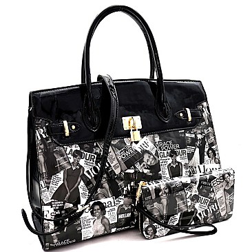 PADLOCK ACCENT MAGAZINE PRINT SATCHEL SET