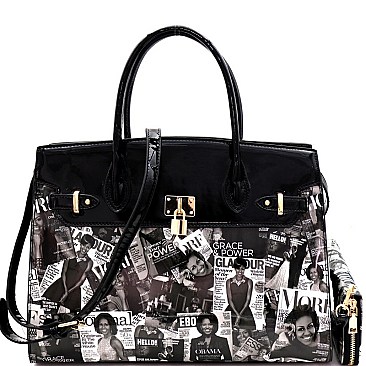 PADLOCK ACCENT MAGAZINE PRINT SATCHEL SET