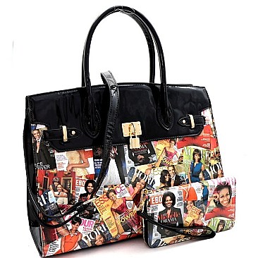 PADLOCK ACCENT MAGAZINE PRINT SATCHEL SET