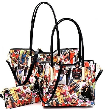 Obama Magazine Print Patent 3 Pcs Tote Wallet Set