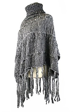 Classy Black and Gray Fringe Knit Turtleneck Poncho FM-AACG0907B