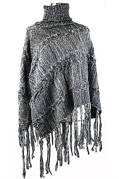 Classy Black and Gray Fringe Knit Turtleneck Poncho FM-AACG0907B