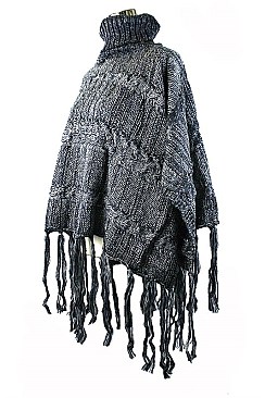 Classy Dark Blue Fringe Knit Turtleneck Poncho FM-AACG0907C