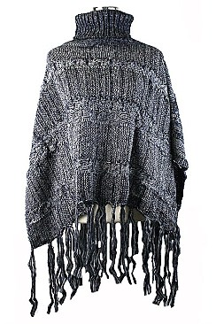Classy Dark Blue Fringe Knit Turtleneck Poncho FM-AACG0907C