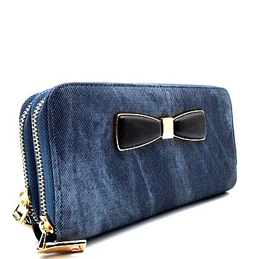 AB800W-LP  Bow Accent Distressed Color Double Zipper Wristlet Wallet