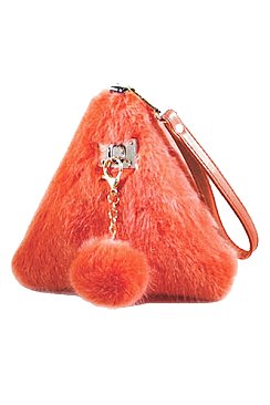 FAUX FUR CLUTCH PURSE WITH FUR POMPOM